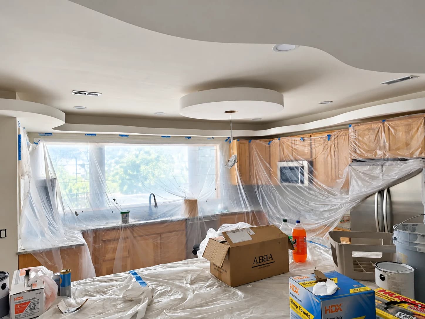 Sculpted ceiling with curved perimeter details and a circular central feature in a room under renovation